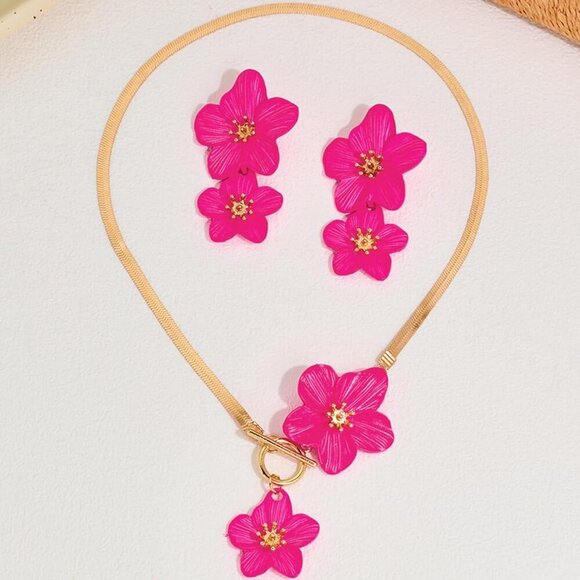 Pink Flower Jewelry Set Necklace Earrings Chic Summer Seaside Gift for Her - Picture 6 of 7